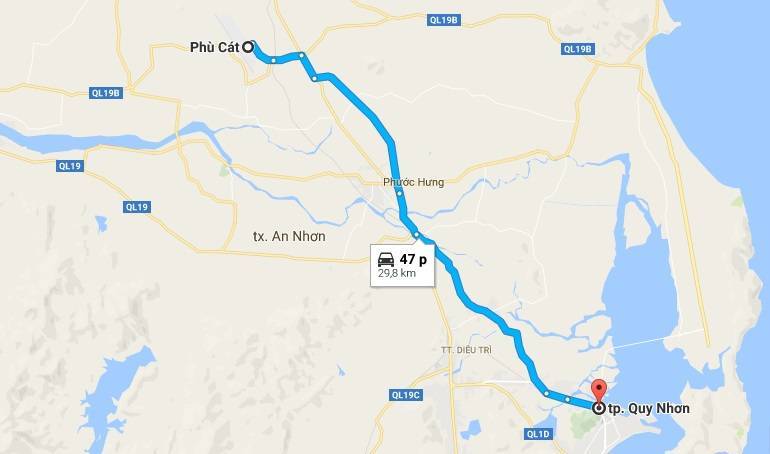 bản đồ đi tới sân bay phù cát - Bình Định